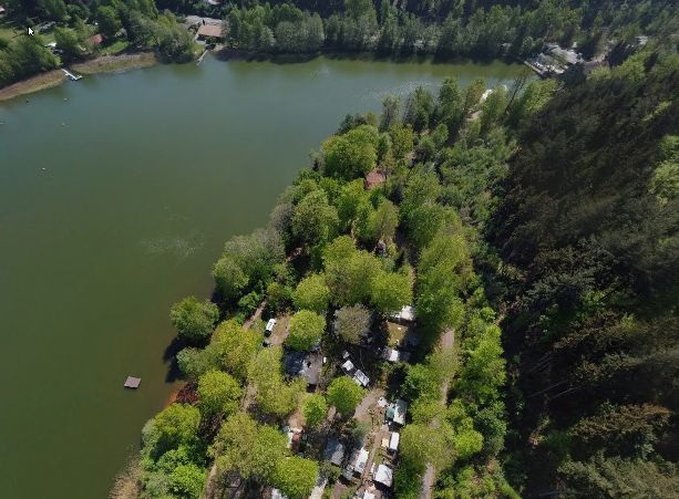 Luftaufnahme des kleinen Campingplatzes direkt am Gelterswoog und am Waldrand